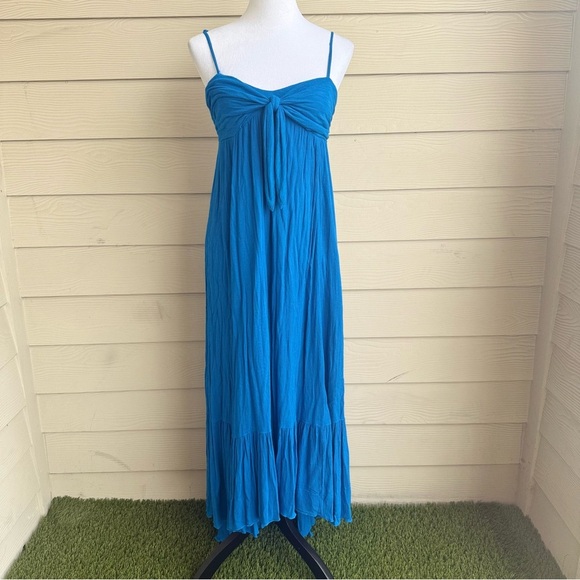 Free People XS Blue Maxi Dress Boho Tie Front Open Back Smocked Bodice - Picture 2 of 10